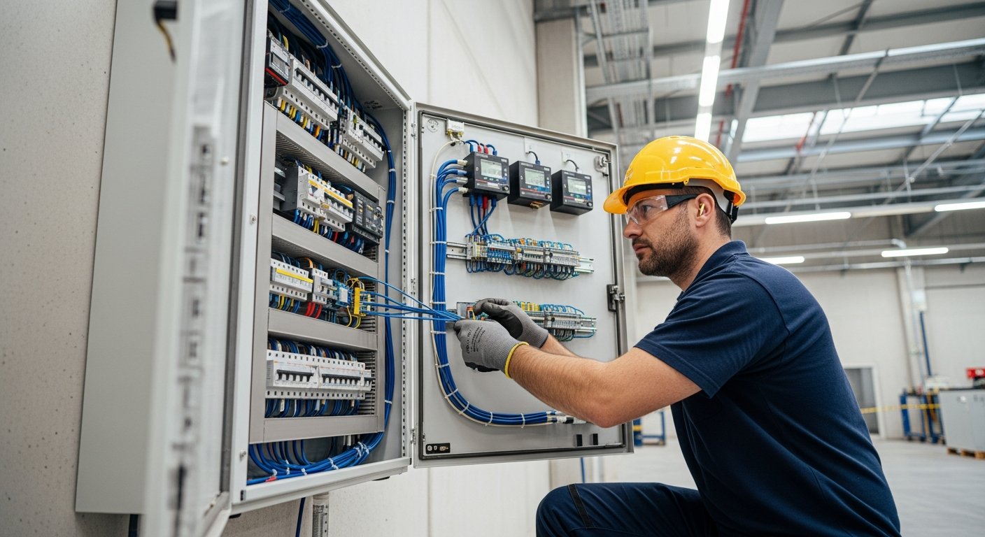 Professional electrician working on commercial electrical distribution board in Leeds office
