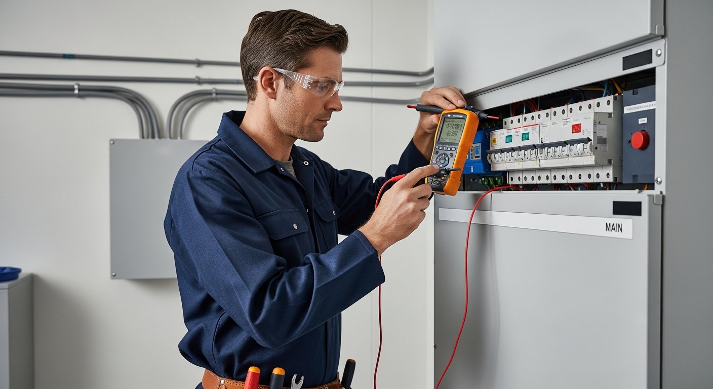 Electrician conducting electrical inspection with multifunction tester in Leeds commercial premises